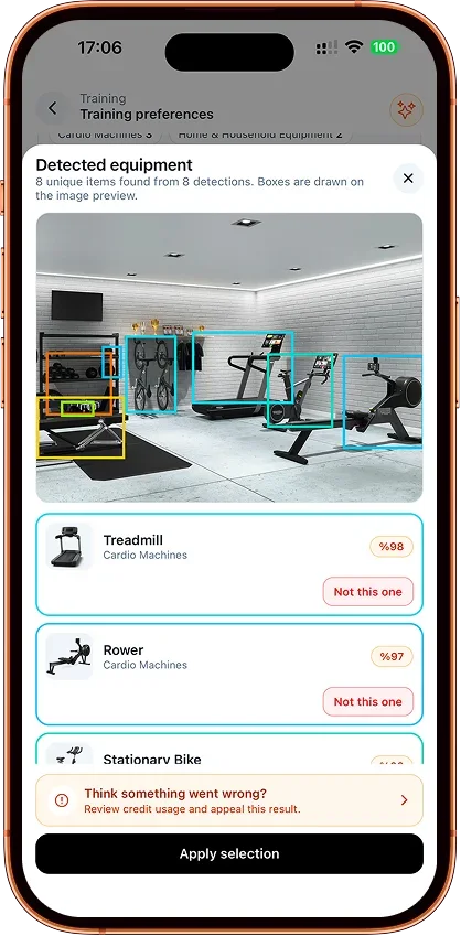 GymPT:n laitteiden tunnistusnäkymä