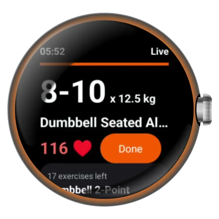 GymPT:n Wear OS -reaaliaikaisen harjoituksen näyttö