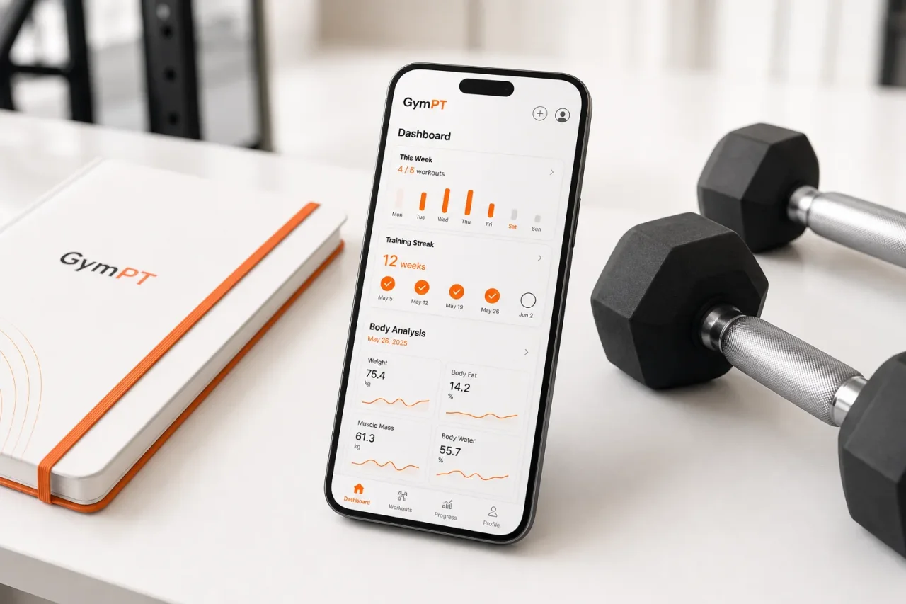 GymPT progress tracking dashboard with charts and training insights
