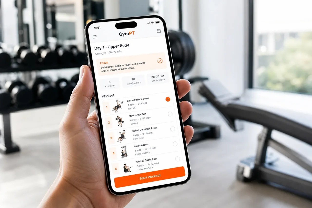 Person reviewing a personalized workout plan in the GymPT app