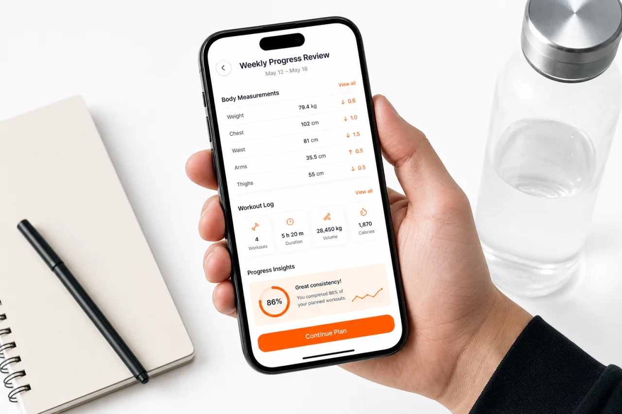 Weekly body analysis review inside the GymPT app