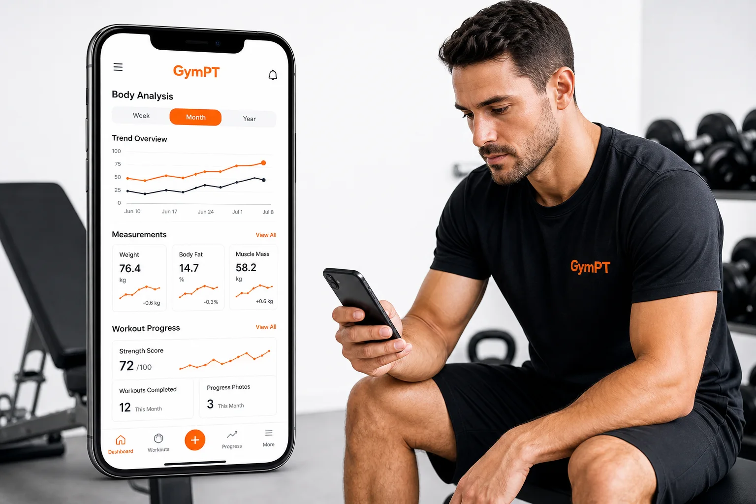 GymPT body analysis dashboard on a smartphone in a modern gym setting