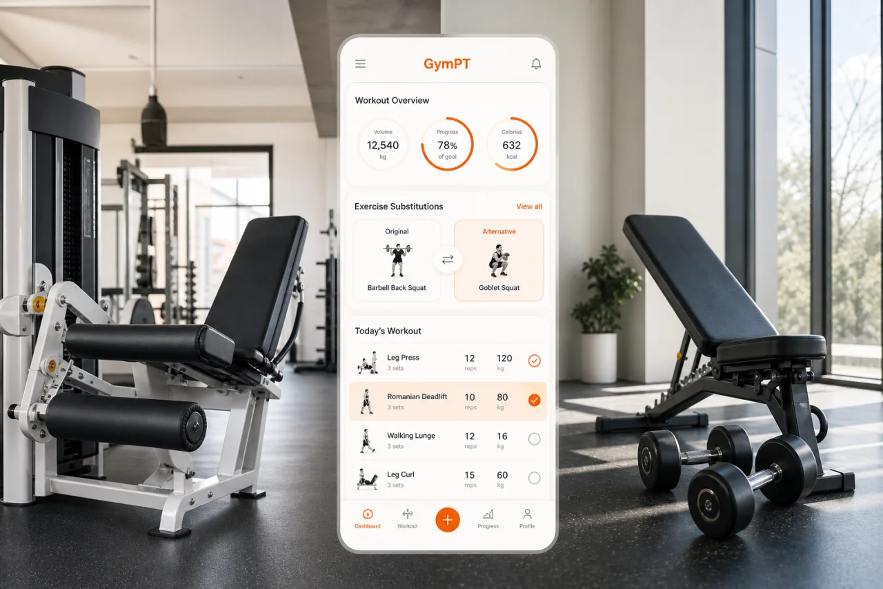 Machines and free weights compared in a GymPT workout planning visual