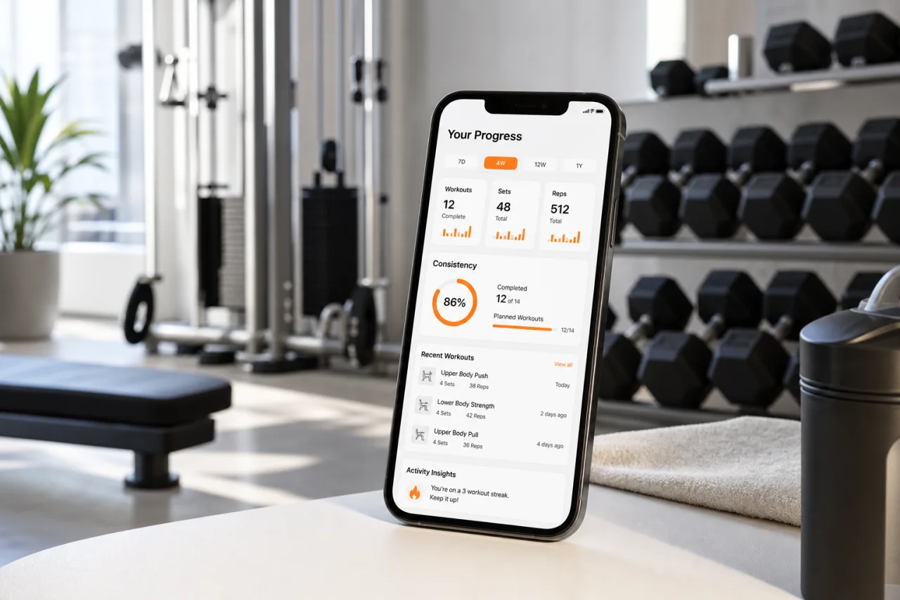 GymPT workout tracking and progress insights with gym equipment