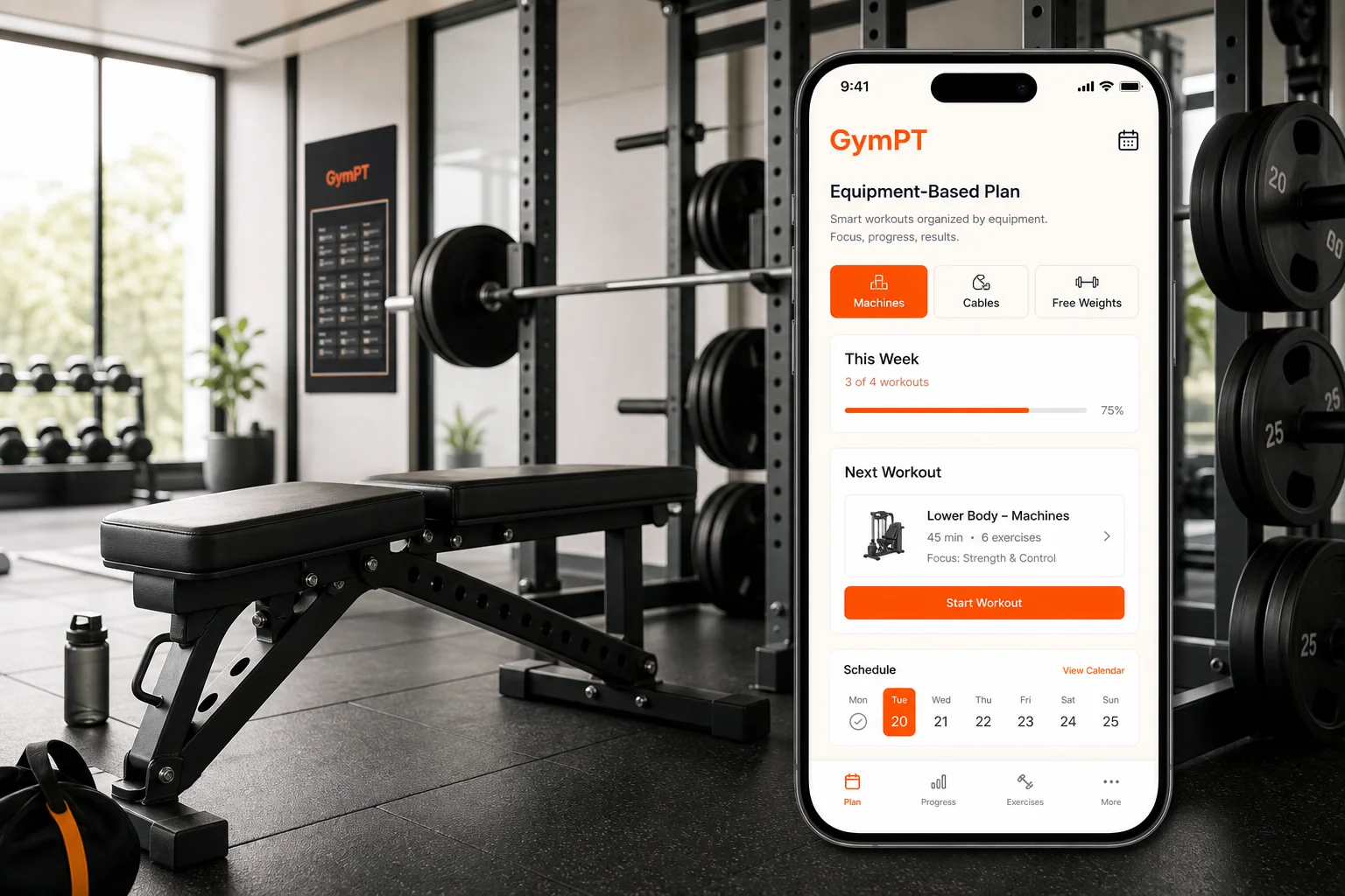 GymPT app showing an equipment based workout plan in a modern gym