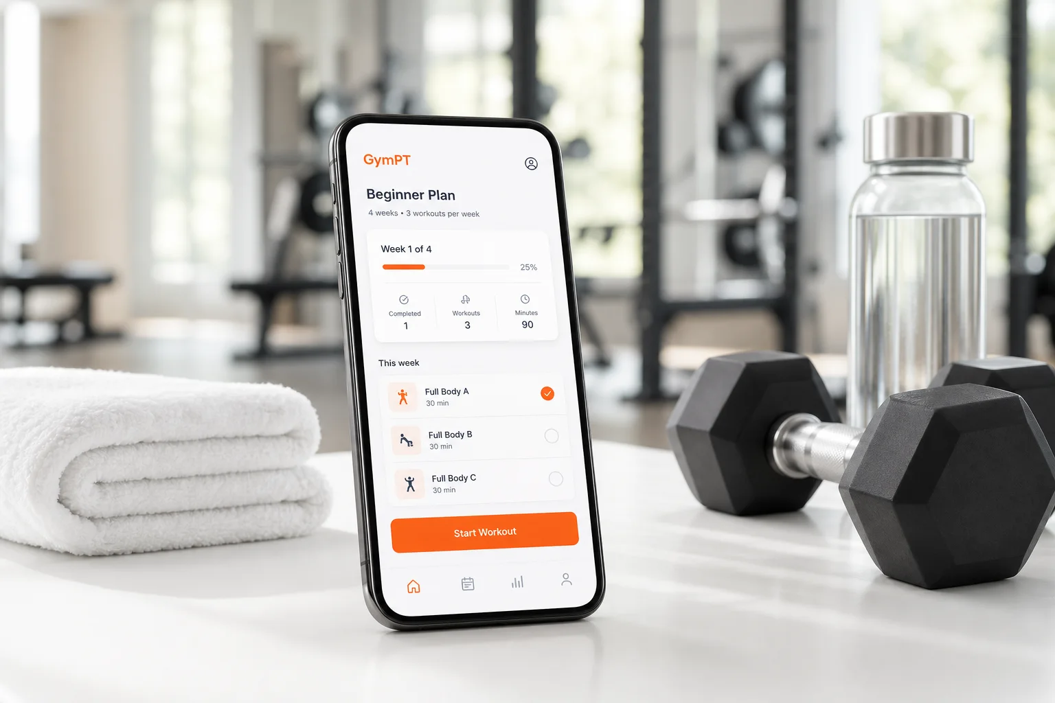 GymPT beginner gym workout plan shown on a smartphone in a premium gym setting