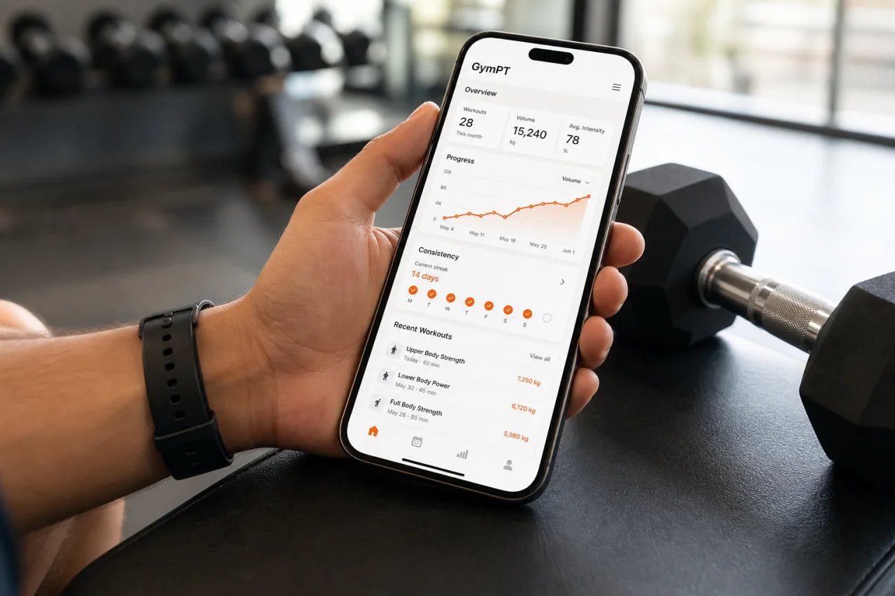 Person reviewing a GymPT training log and progress report on a smartphone
