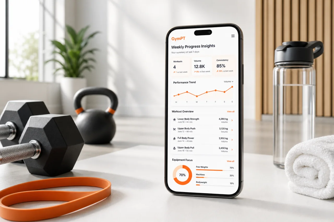 GymPT weekly progress insights displayed on a smartphone