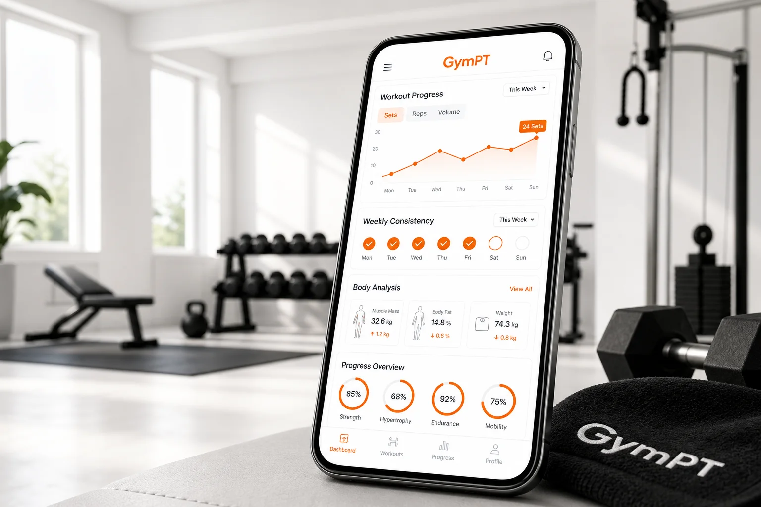 GymPT workout progress tracking dashboard on a smartphone in a premium gym setting