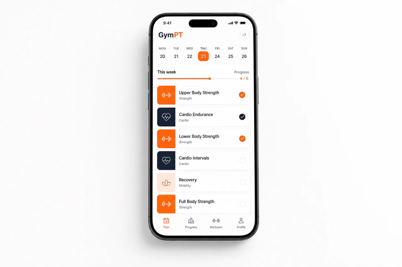 GymPT weekly fat loss training schedule on a smartphone