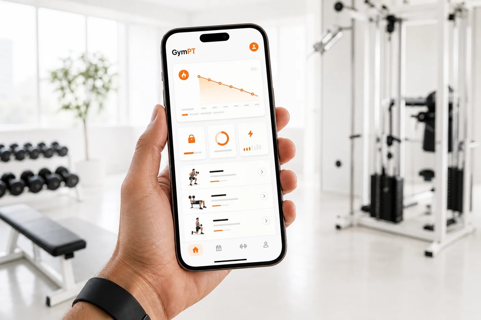 GymPT app showing a personalized fat loss workout plan dashboard in a modern gym