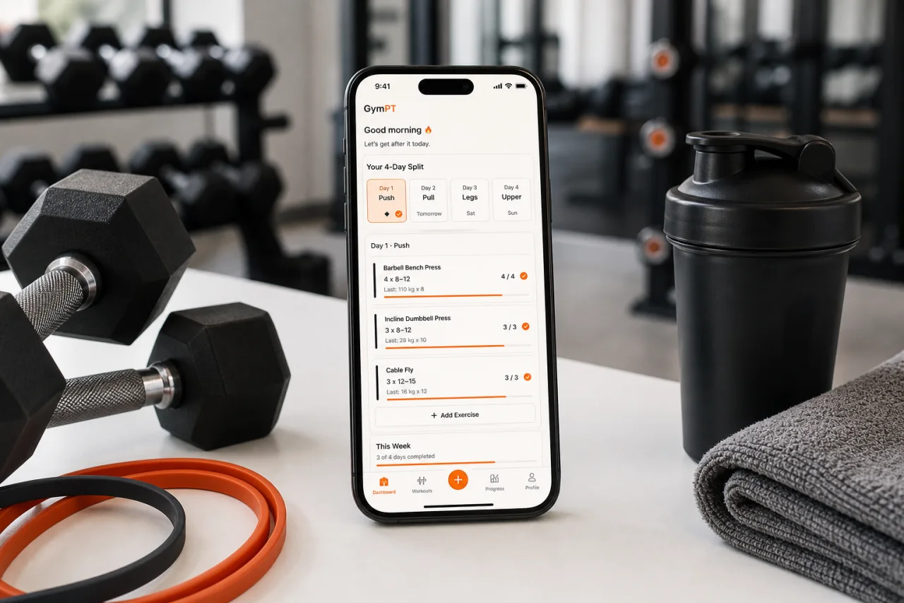 A GymPT workout split and training log displayed on mobile