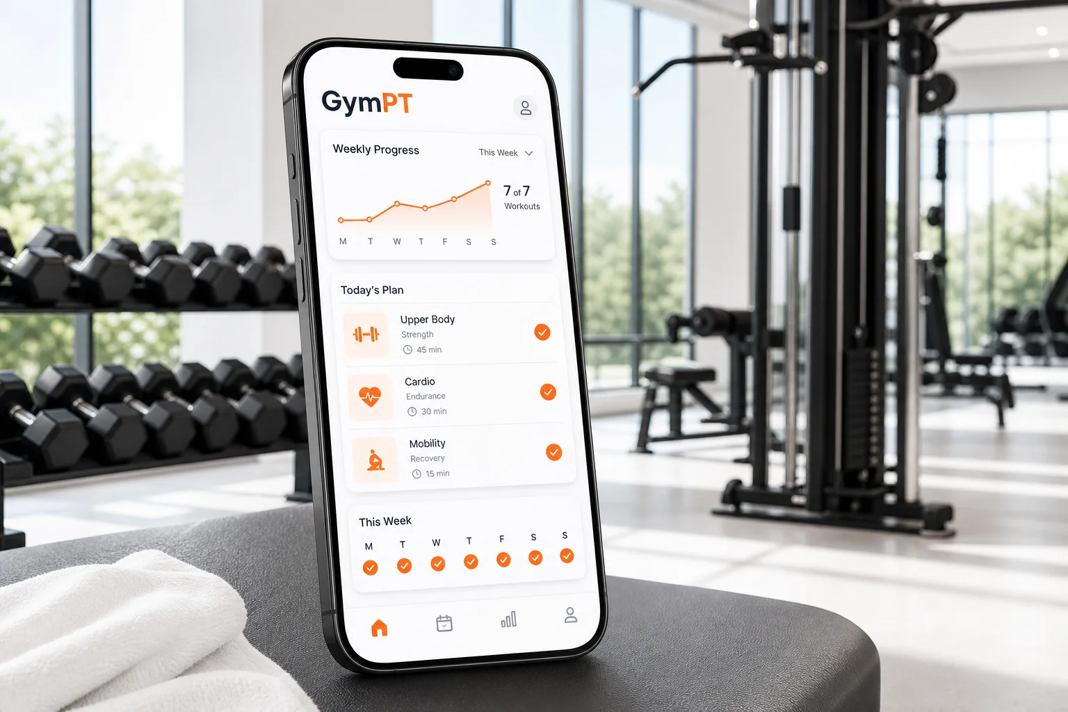 GymPT app showing a hypertrophy workout plan in a premium gym setting