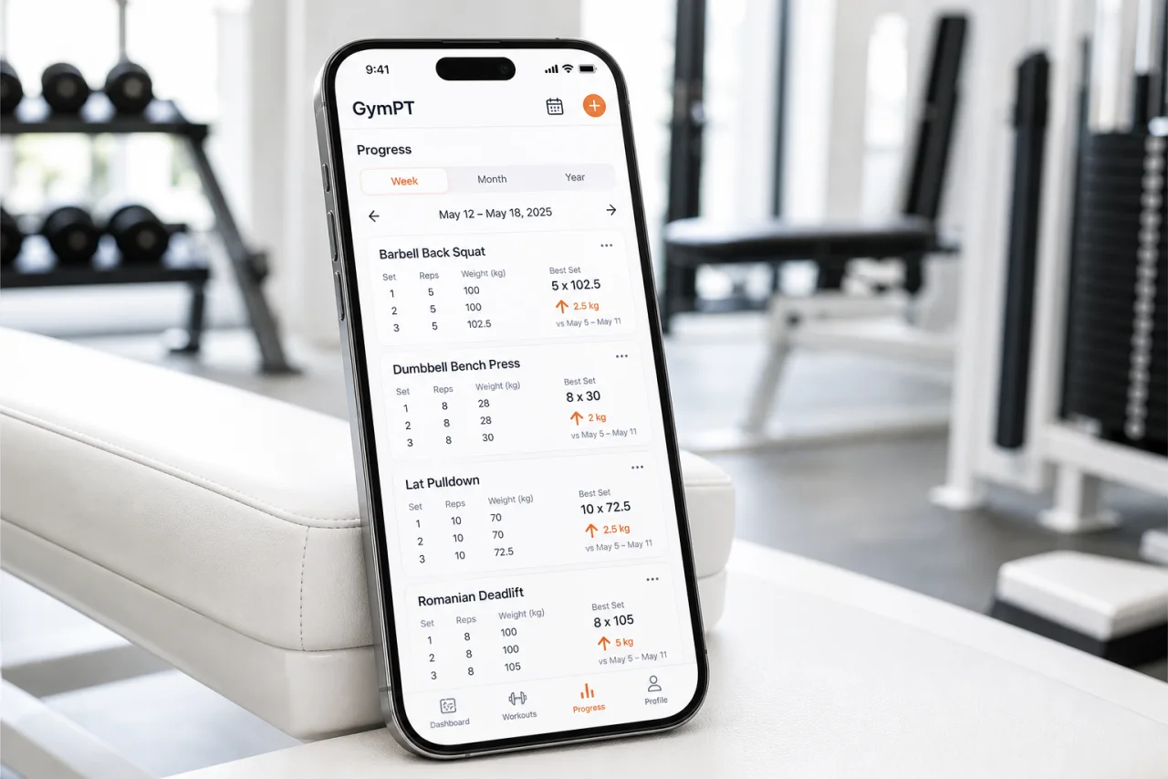GymPT progress tracking screen with workout history and trends