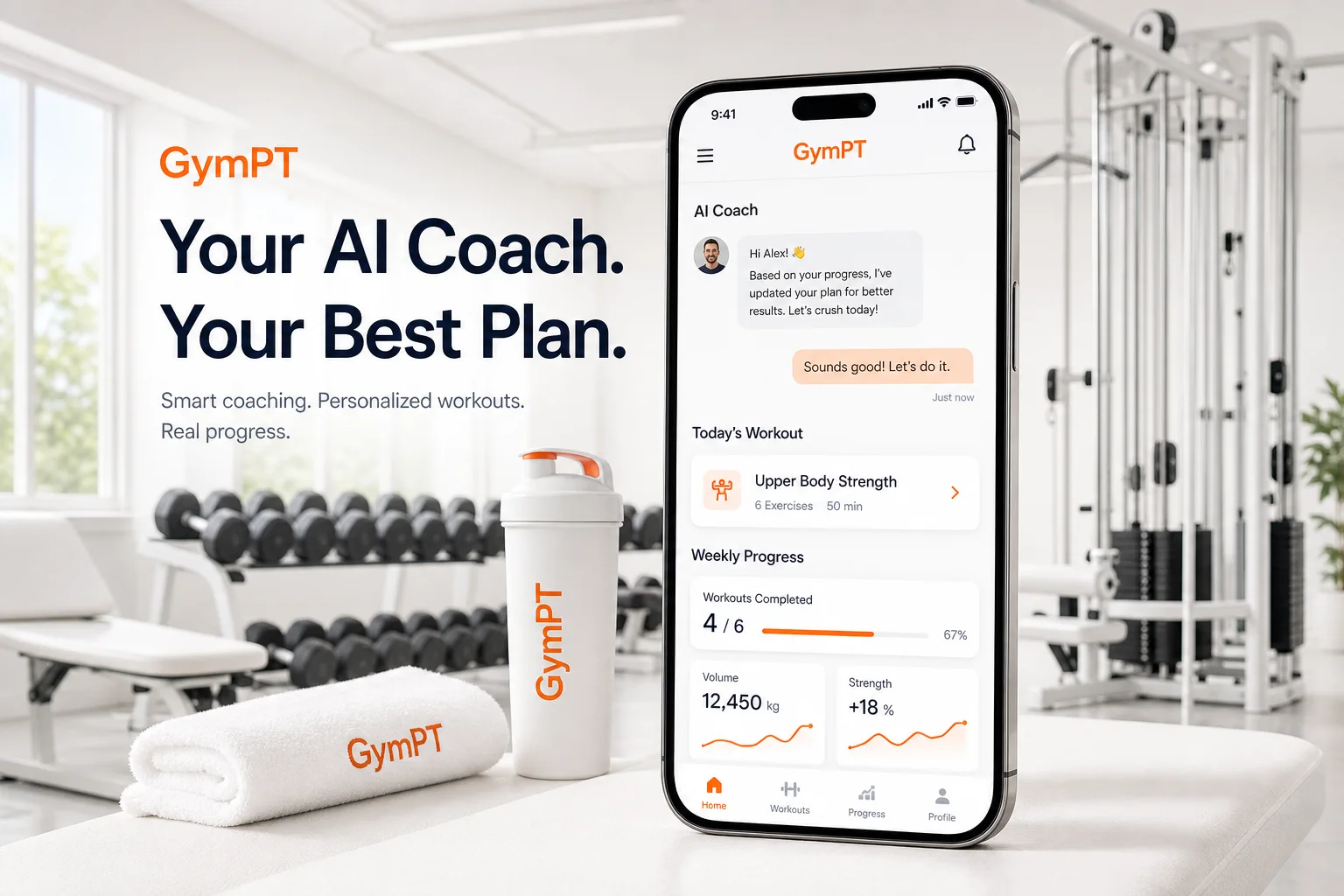 GymPT AI gym coach app shown on a smartphone in a modern gym