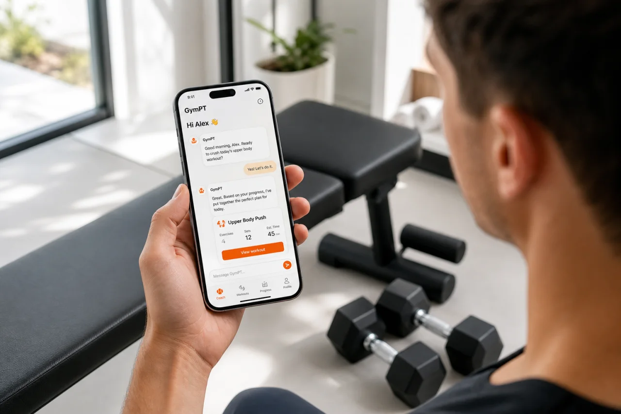 GymPT AI coach chat on a smartphone in a modern gym