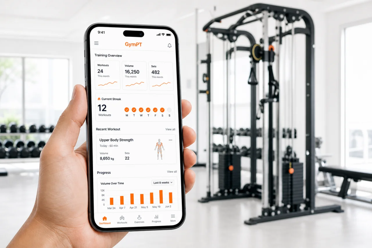 GymPT workout tracking and progress insights displayed on a smartphone