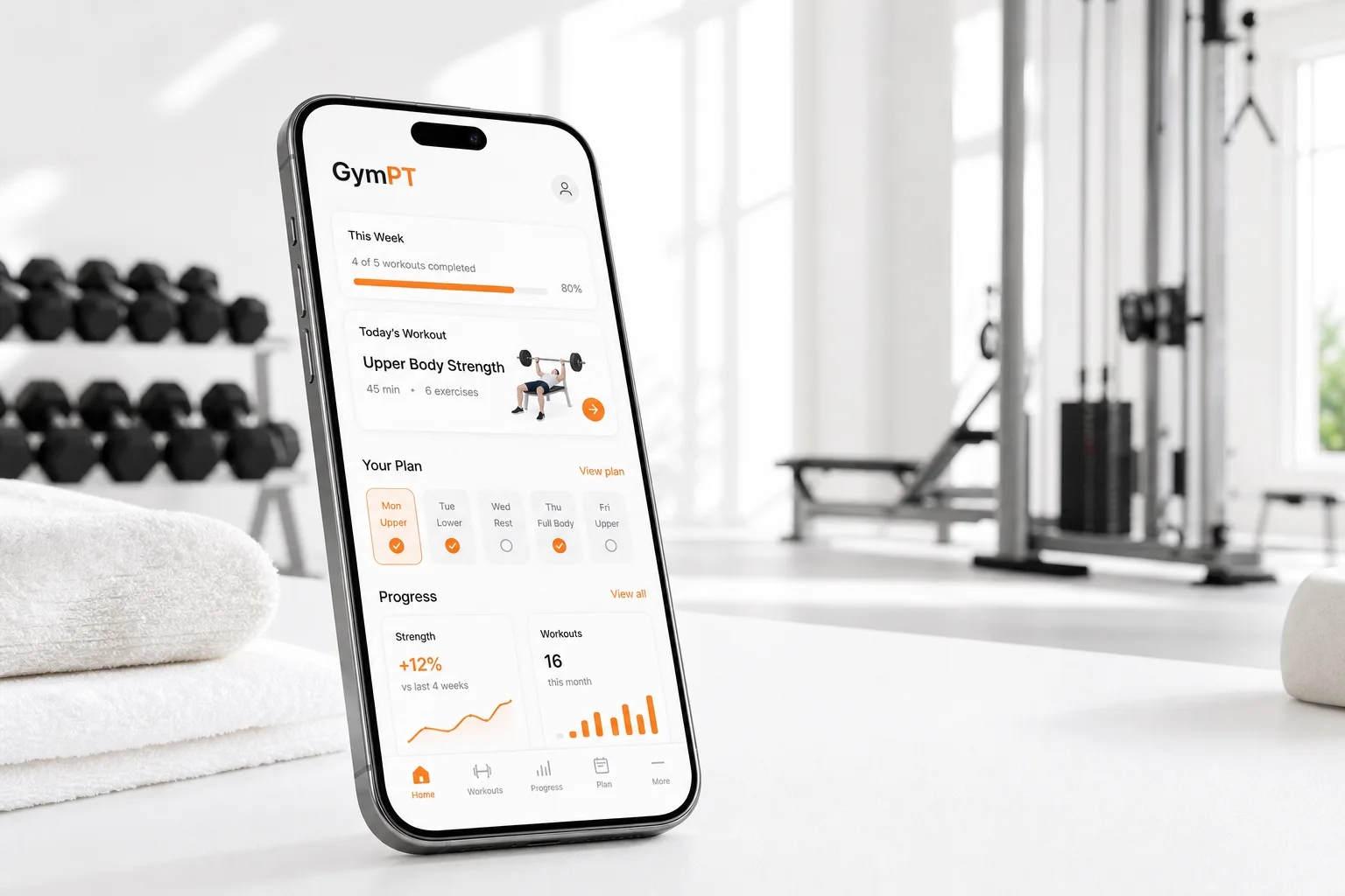 GymPT virtual personal trainer app showing a personalized workout plan on a smartphone