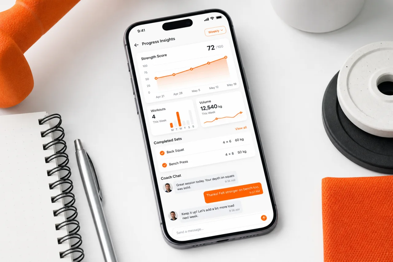 GymPT progress insights and coach chat displayed on a phone