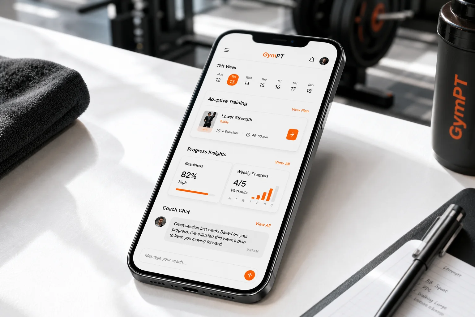 GymPT AI fitness app shown on a phone in a modern gym setting