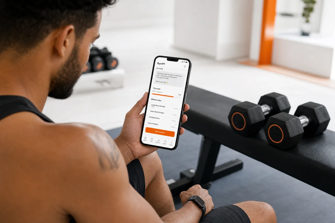 GymPT AI coach chat and workout planning on a phone in the gym