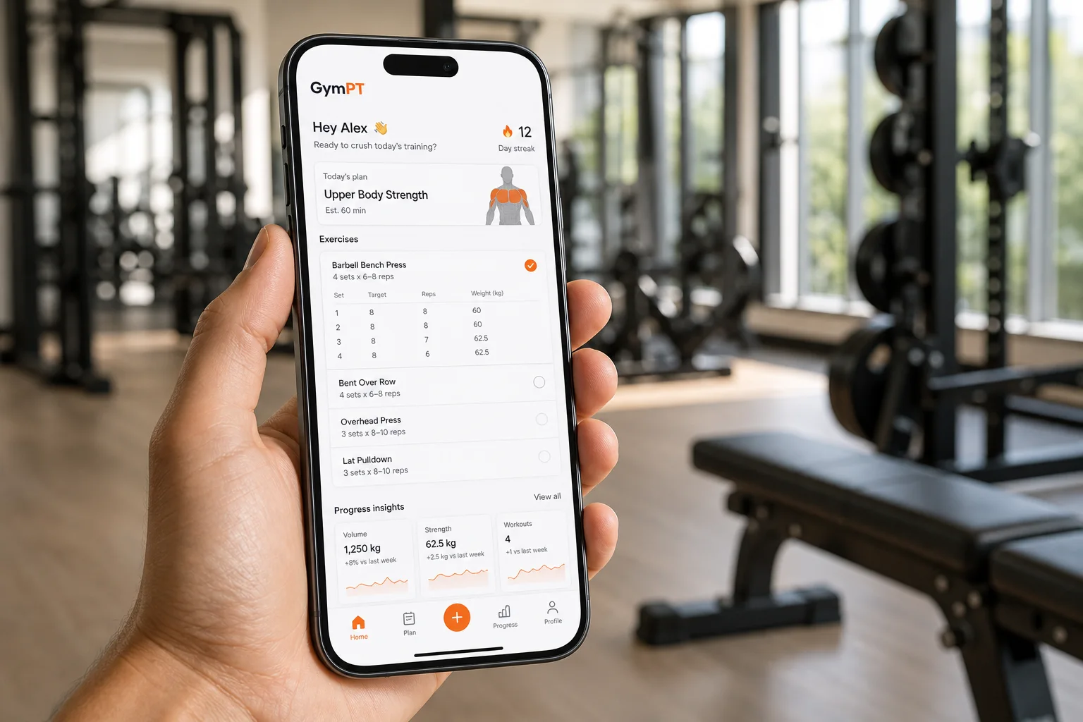 GymPT app showing a personalized strength training plan on a smartphone