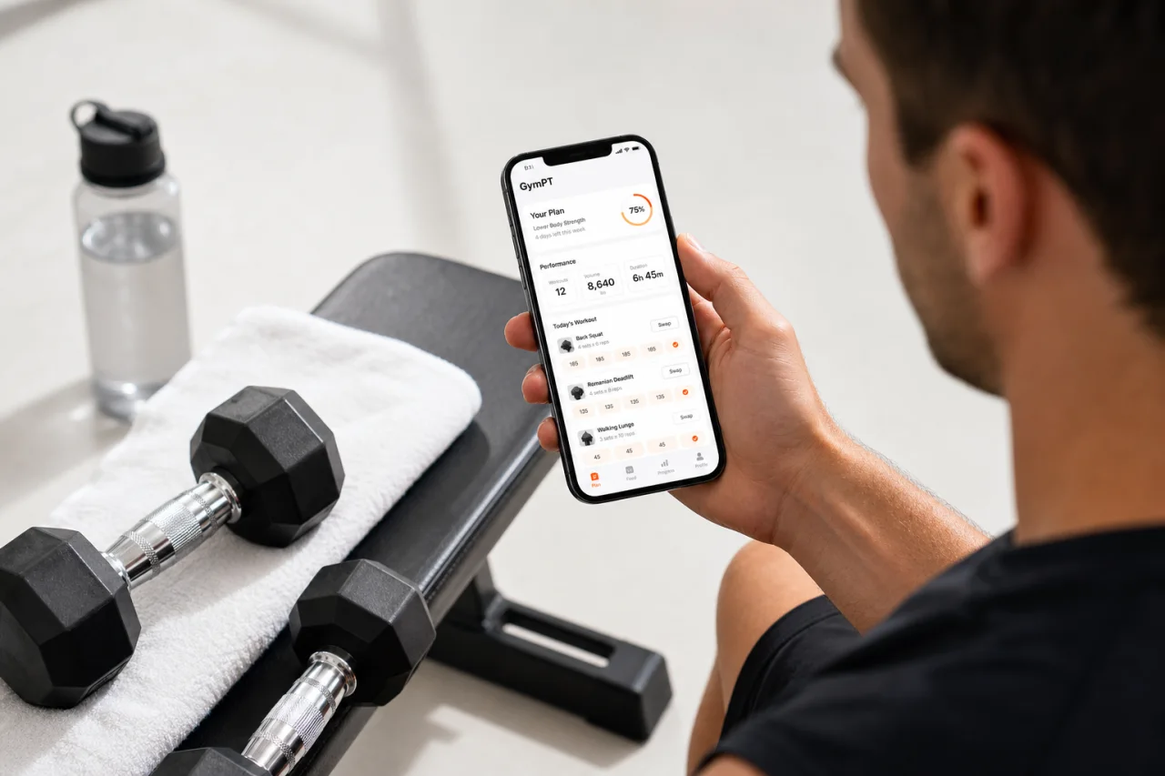 A personalized workout plan inside the GymPT app with workout tracking details