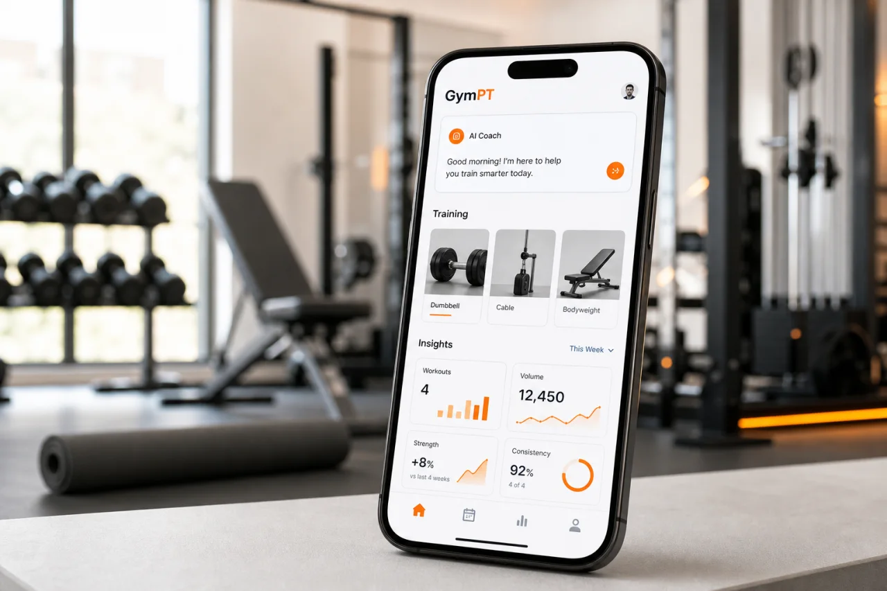 GymPT AI coach chat and progress insights on a smartphone