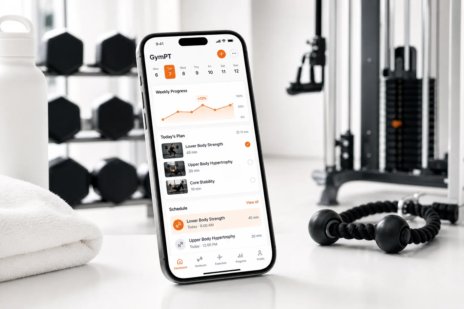 GymPT custom workout app shown on a smartphone in a modern gym setting