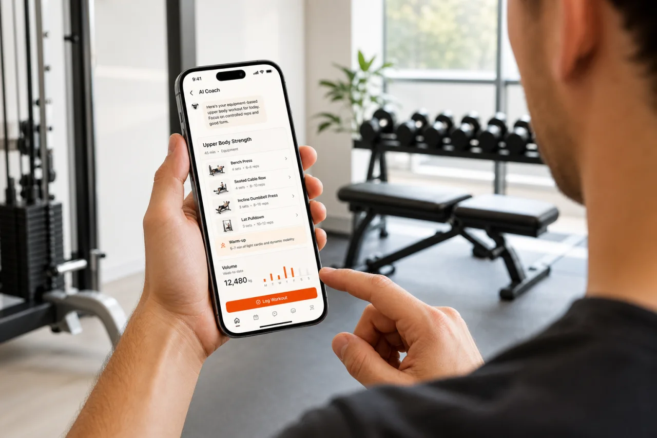 User checking a GymPT workout plan and AI coach chat on a phone