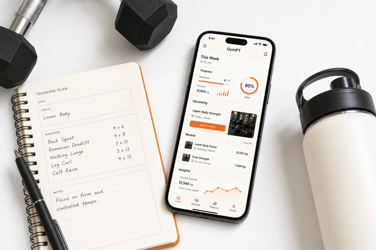 GymPT workout tracking and progress insights displayed on a phone