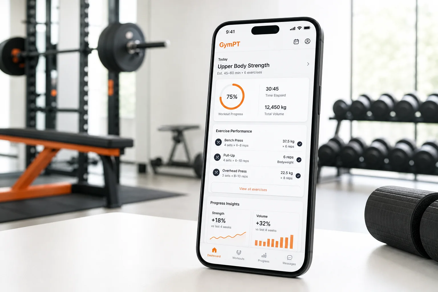 GymPT smart workout app shown on a phone in a premium gym setting