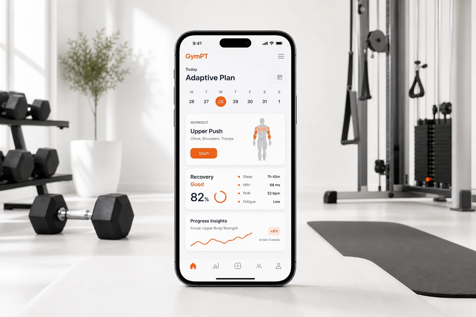 GymPT adaptive workout plan dashboard on a smartphone in a premium gym setting