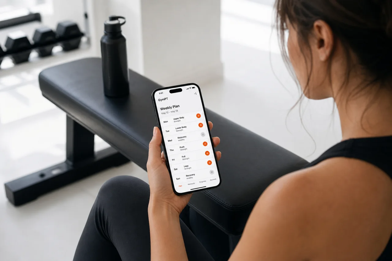 Person checking a weekly workout planner on the GymPT app before training