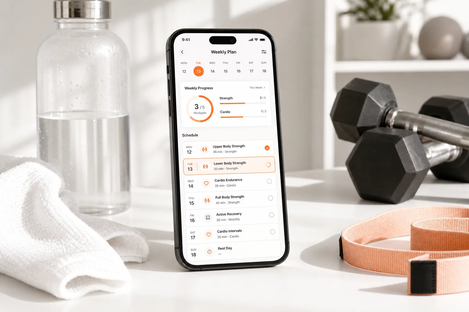 GymPT weekly workout planner shown on a smartphone in a clean premium fitness setting