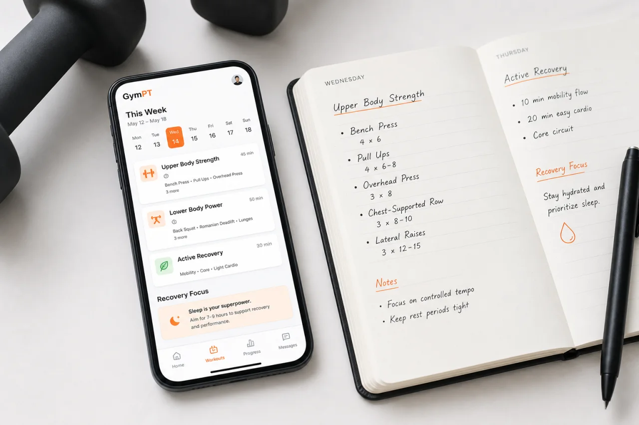 GymPT app showing weekly workout structure and recovery planning