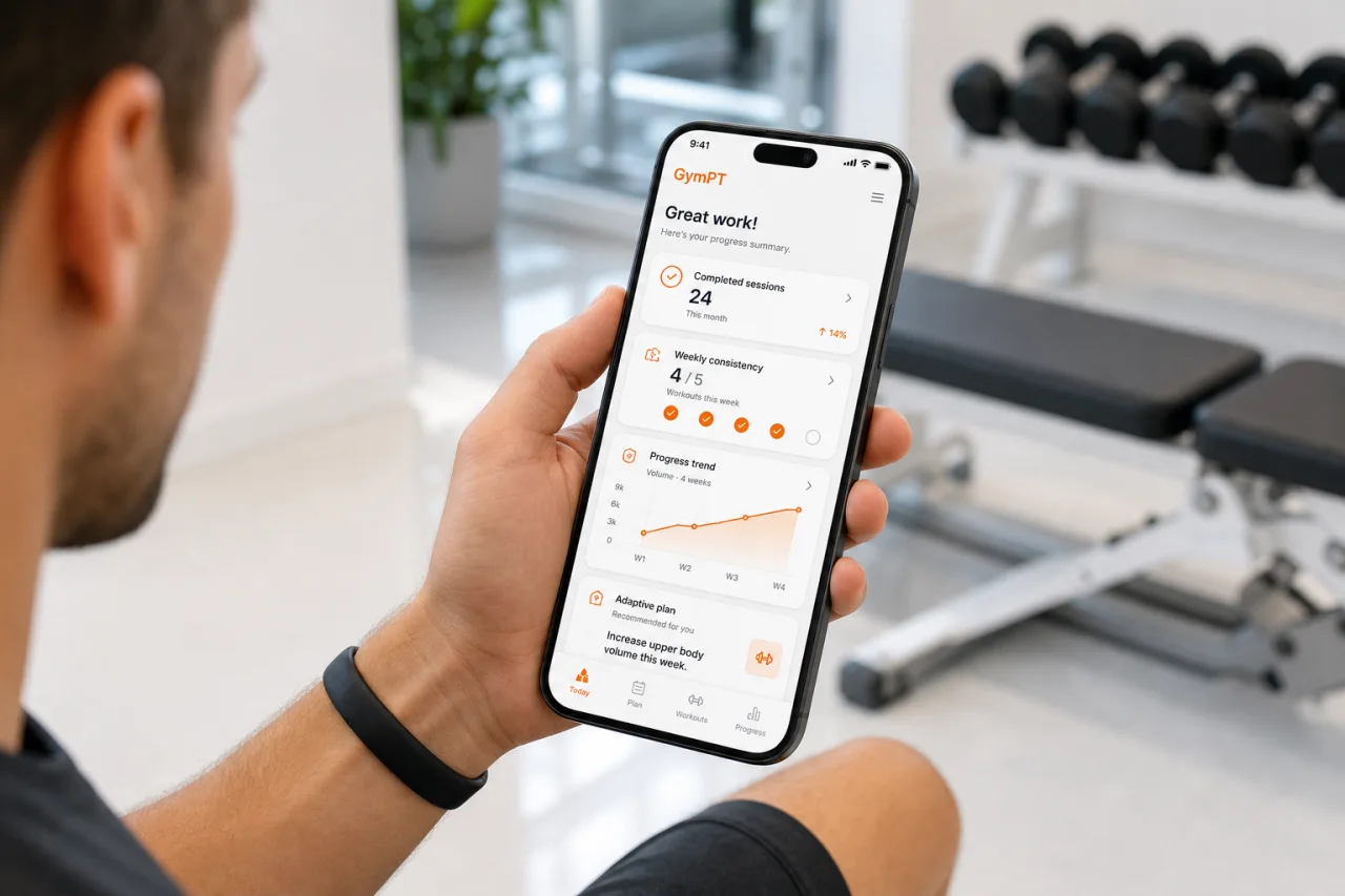 GymPT progress insights and adaptive workout plan on mobile