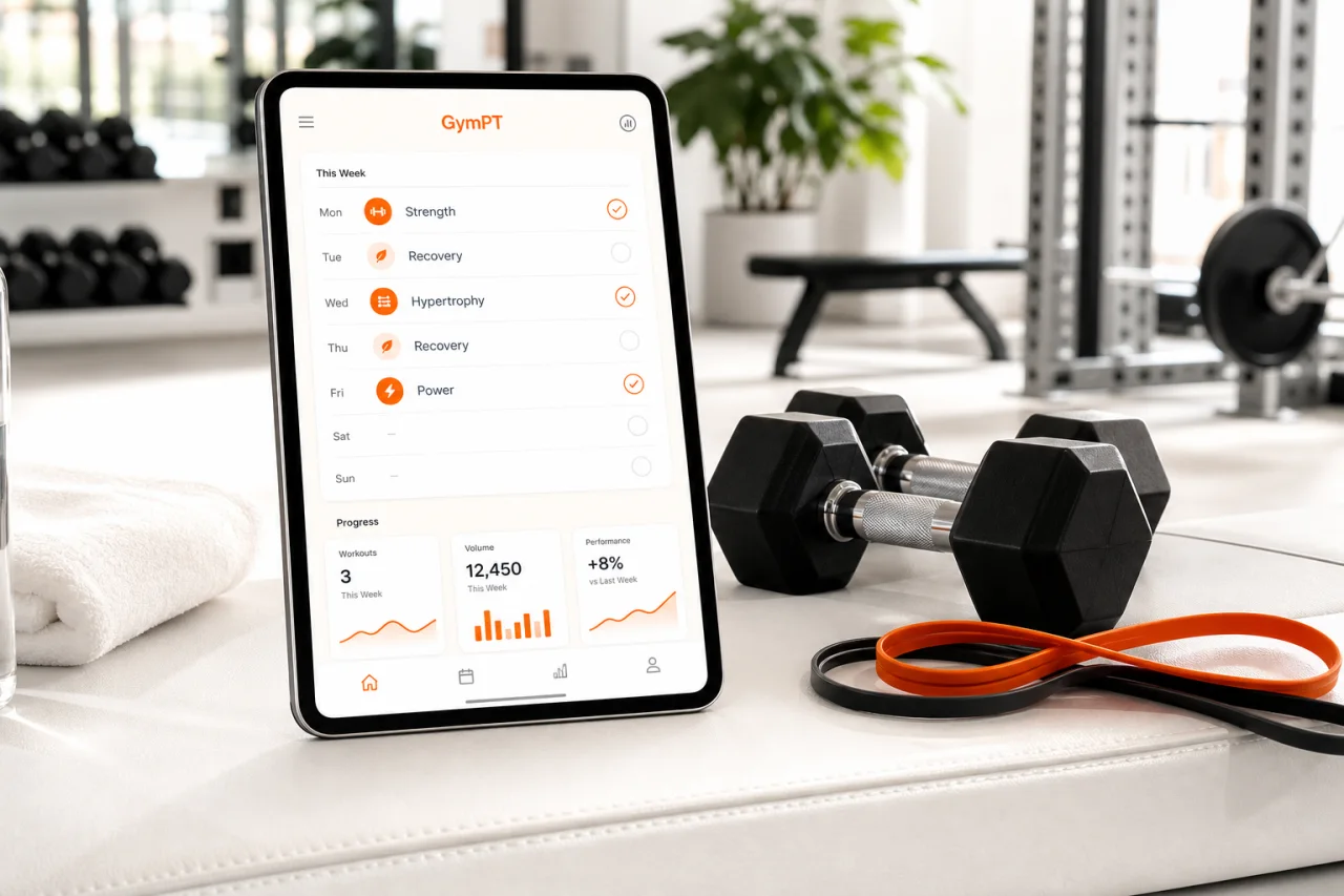 GymPT workout planning screen with a three-day weekly split and training equipment