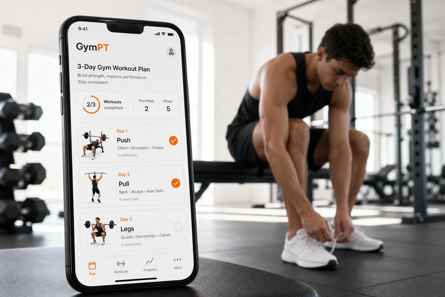 GymPT app showing a 3 day gym workout plan on a smartphone in a modern gym