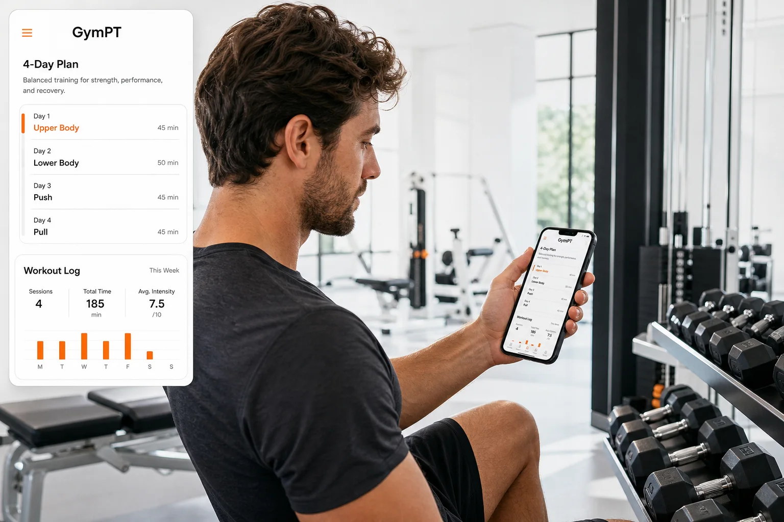 GymPT app showing a 4 day gym workout plan in a modern gym setting