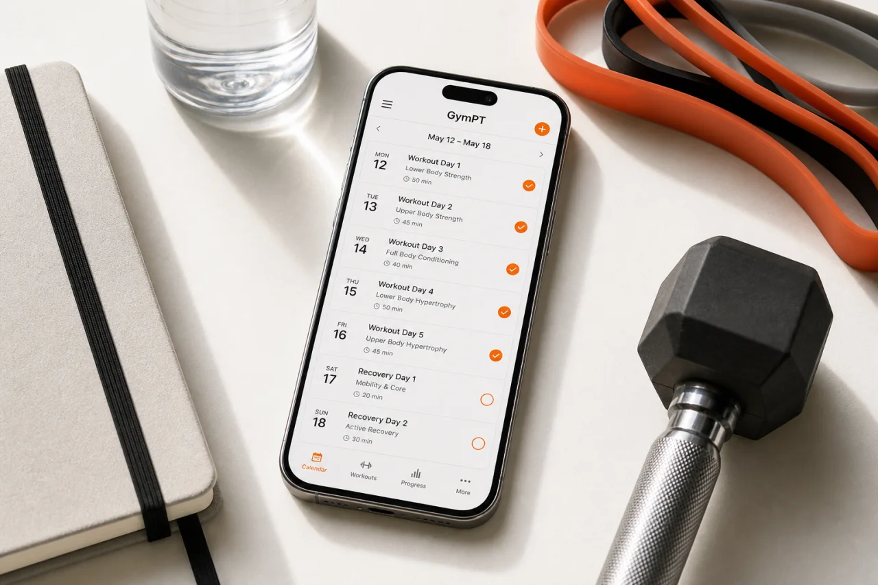 GymPT workout split planning scene with weekly schedule