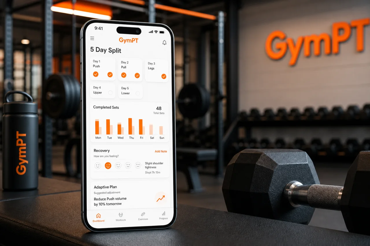 GymPT workout tracking and progress insights on a phone