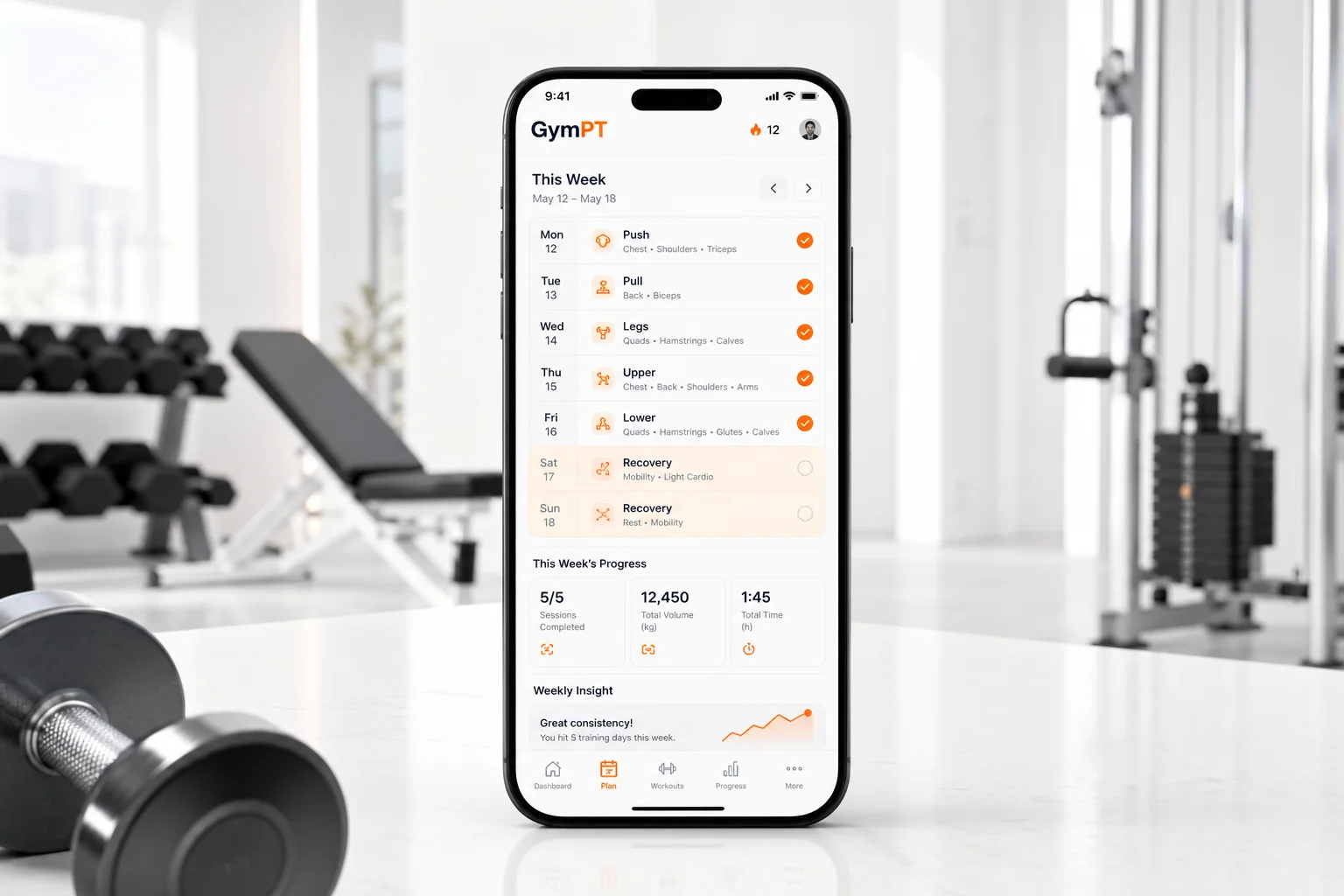 GymPT app showing a 5 day workout split planner on a smartphone