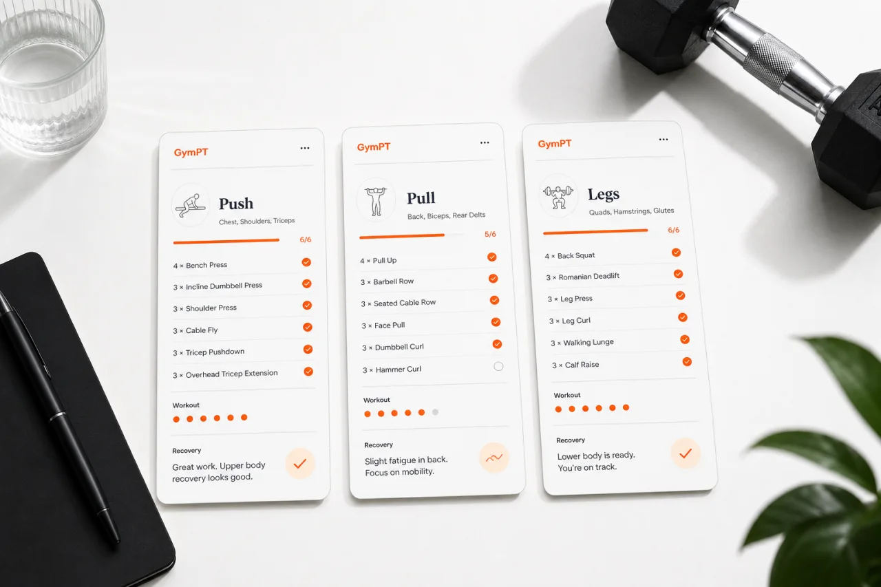 GymPT push pull legs split planning screen