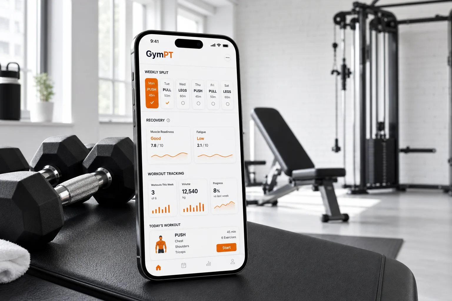 GymPT app showing a push pull legs workout plan dashboard