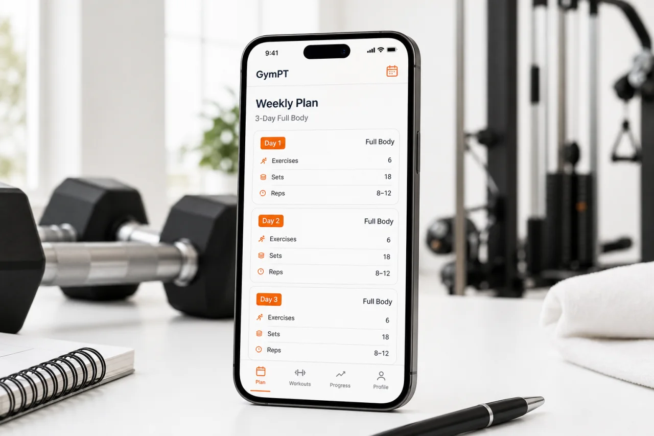 Weekly full body workout plan displayed in the GymPT app