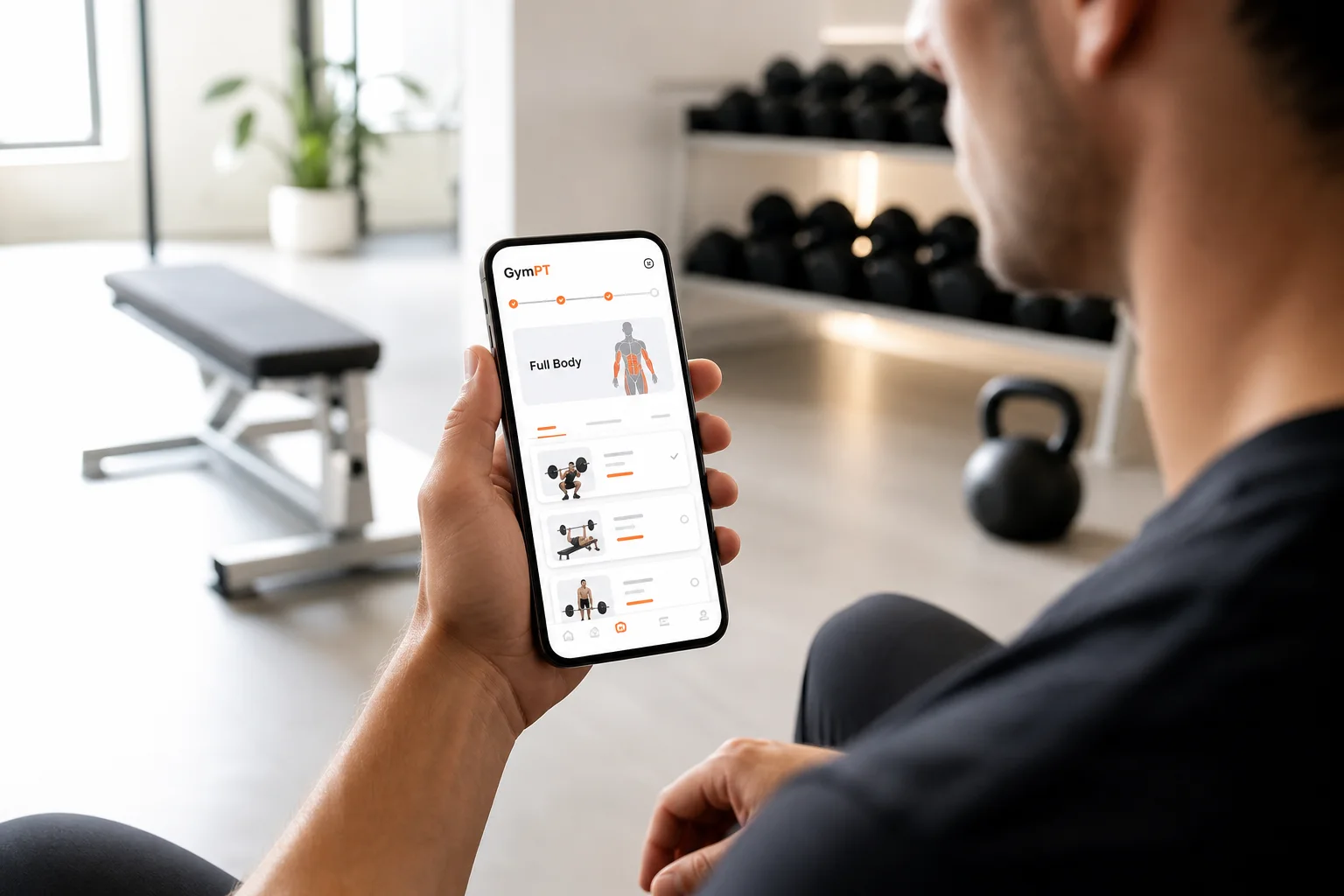 GymPT app showing a full body workout plan on a smartphone in a modern gym