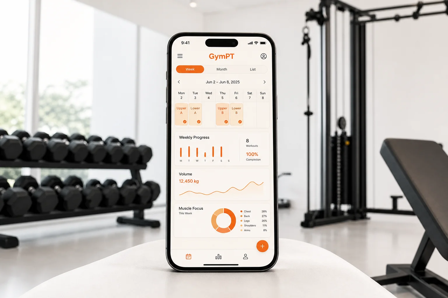 GymPT upper lower workout split weekly planner on a smartphone