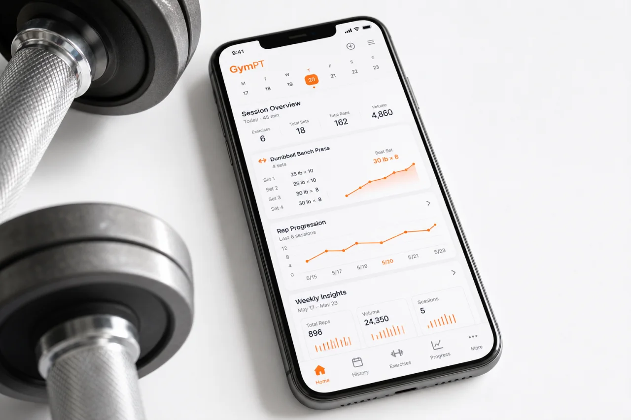 GymPT workout tracking screen for dumbbell training