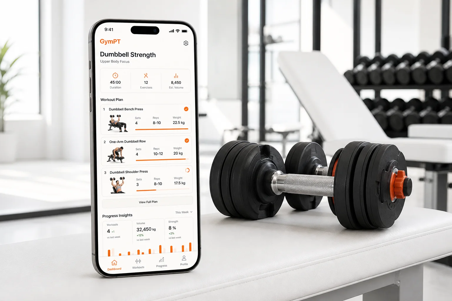 GymPT app showing a dumbbell workout plan beside adjustable dumbbells